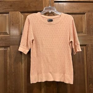 GAP Women's Light Coral Crew Neck Pointelle Knit Sweater, 3/4 Sleeves, Large